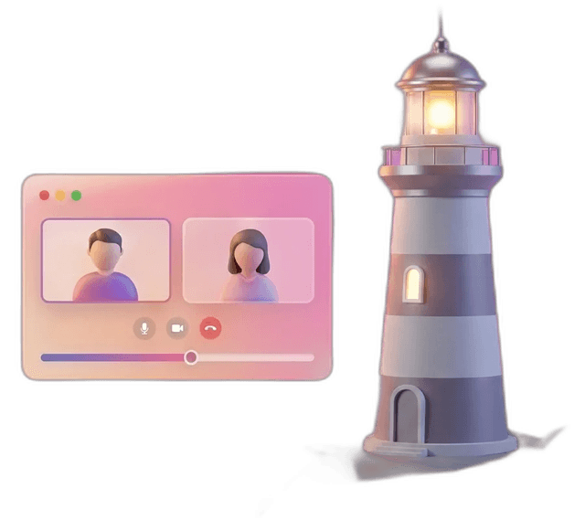 Lighthouse and video call illustration representing the Starter Call strategic session